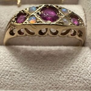 9K YELLOW GOLD RUBY AND OPAL BOAT RING EUROPEAN HALLMARKS